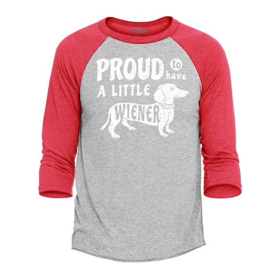 Shop4Ever Men's Proud to Have a Little Weiner Funny Dachshund Dog Raglan Baseball Shirt Large Heather Grey/Red