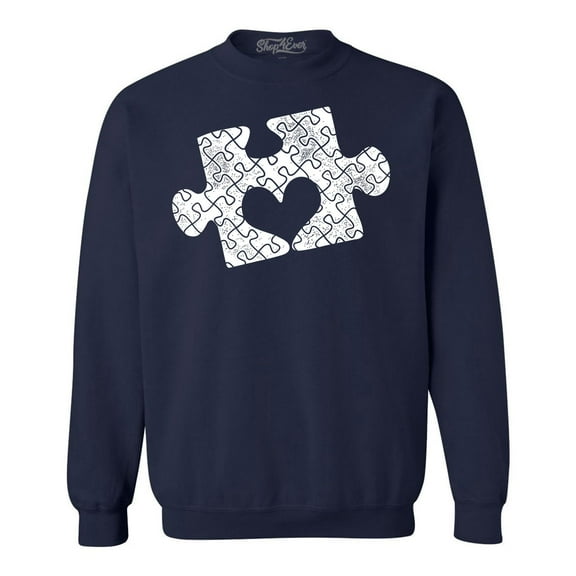 Shop4Ever Men's Puzzle Heart Autism Awareness Crewneck Sweatshirt Medium Navy