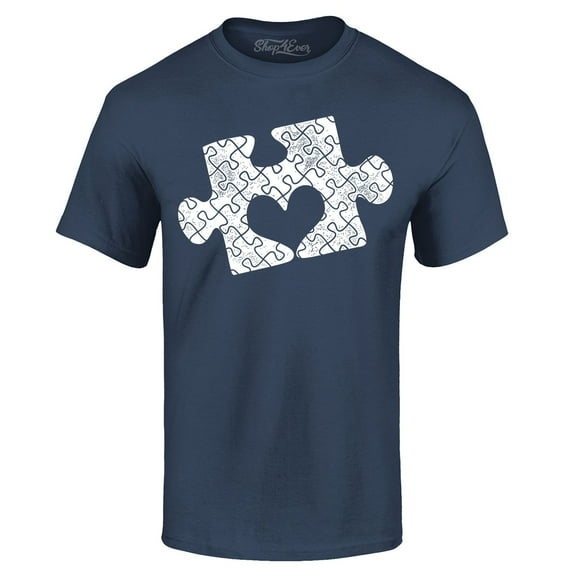 Shop4Ever Men's Puzzle Heart Autism Awareness Graphic T-shirt Large Navy