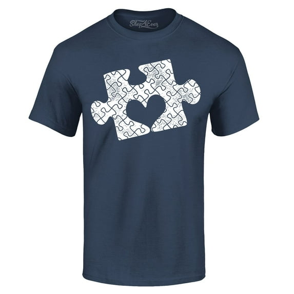 Shop4Ever Men's Puzzle Heart Autism Awareness Graphic T-shirt Small Navy