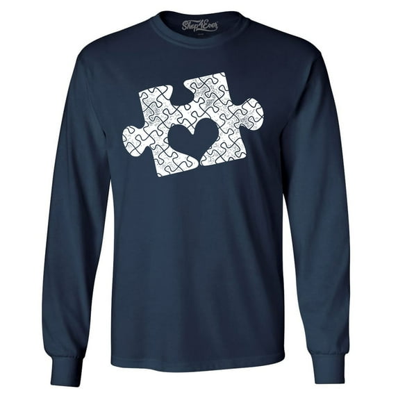 Shop4Ever Men's Puzzle Heart Autism Awareness Long Sleeve Shirt Small Navy