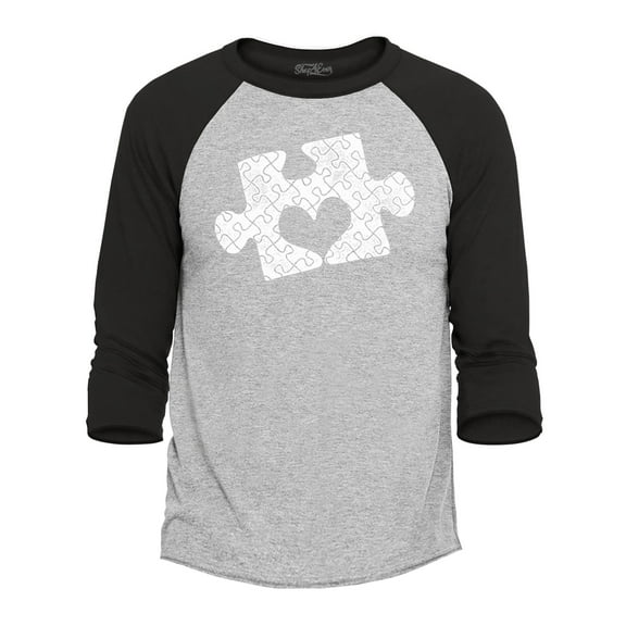Shop4Ever Men's Puzzle Heart Autism Awareness Raglan Baseball Shirt X-Small Heather Grey/Black