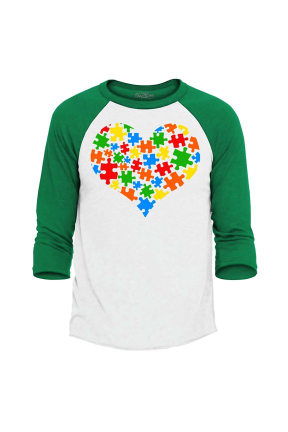 Men's Puzzle Heart Support Autism Awareness Raglan Baseball Shirt Large White/Blue