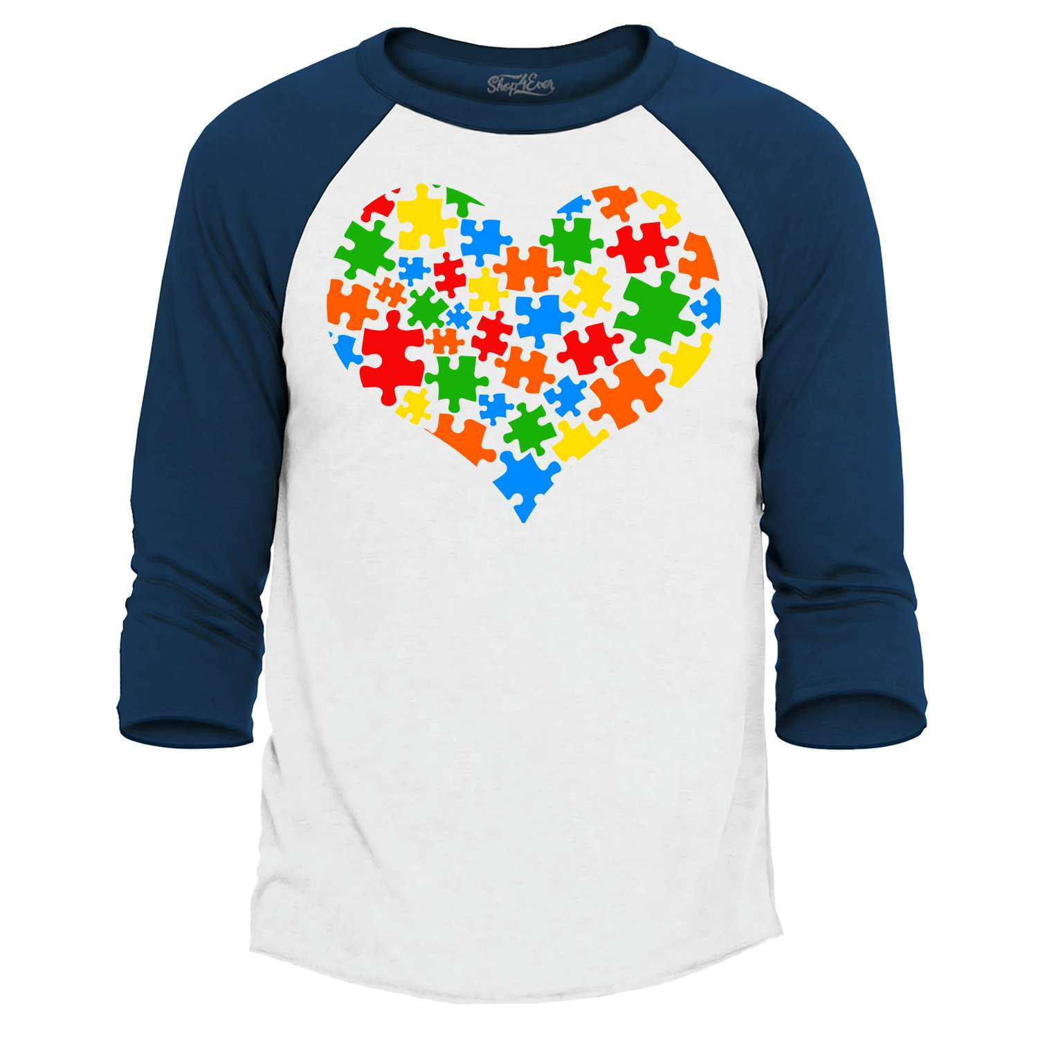 Shop4Ever Men's Puzzle Heart Support Autism Awareness Raglan Baseball Shirt Large White/Kelly
