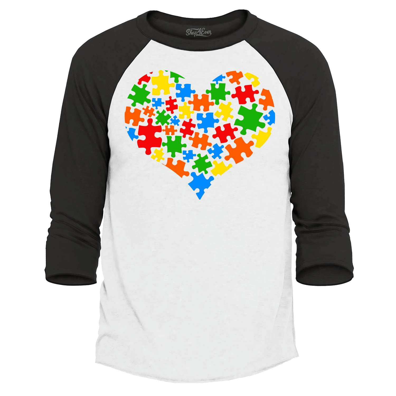 Shop4Ever Men's Puzzle Heart Support Autism Awareness Raglan Baseball Shirt Small White/Black