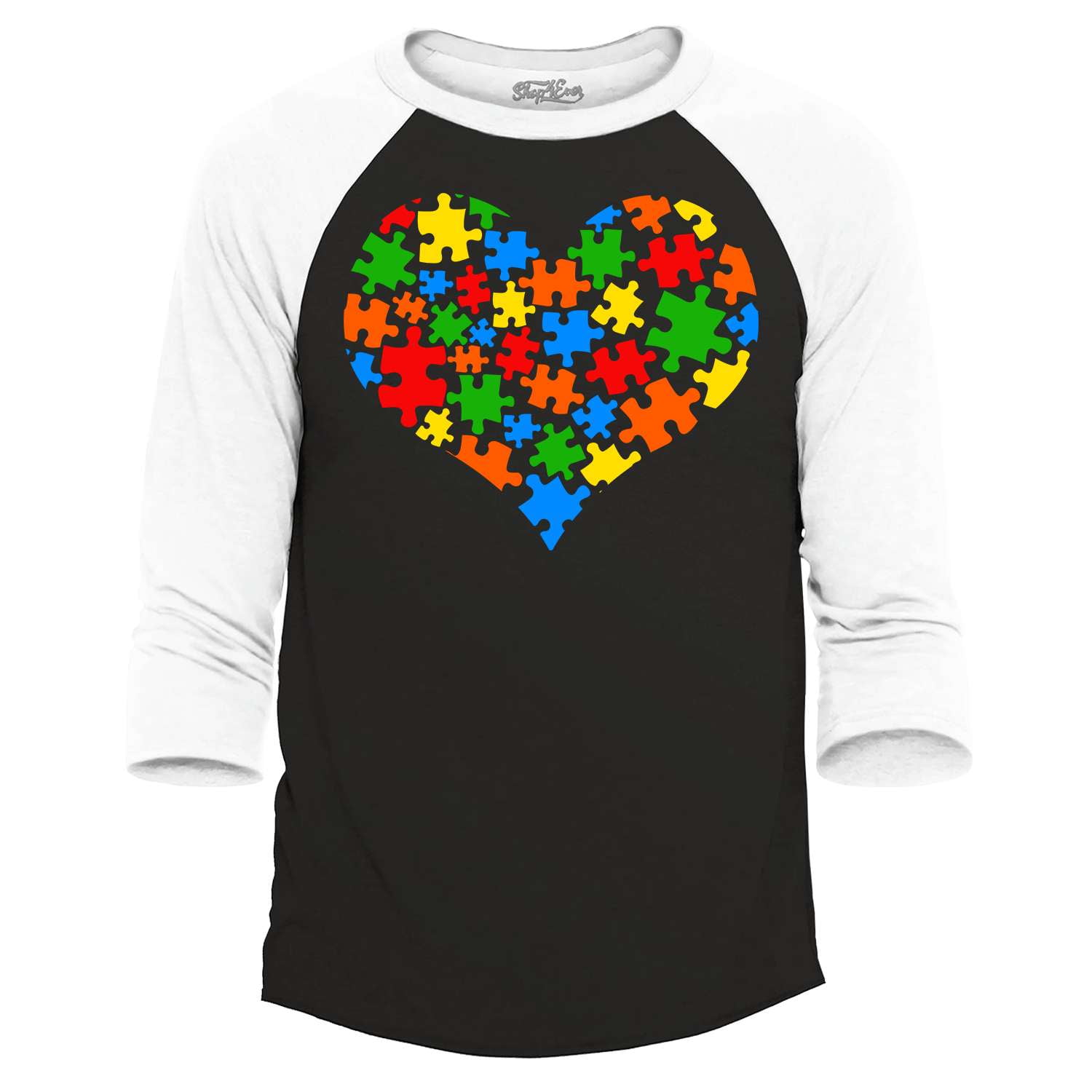 Shop4Ever Men's Puzzle Heart Support Autism Awareness Raglan Baseball Shirt X-Large Black/White