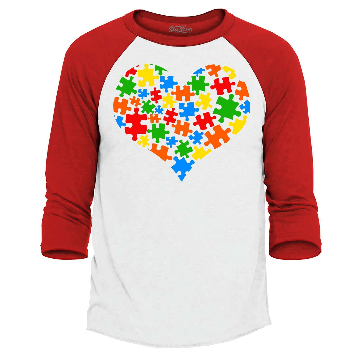 Shop4Ever Men's Puzzle Heart Support Autism Awareness Raglan Baseball Shirt XXX-LargeWhite/Navy