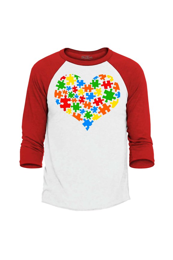 Men's Puzzle Heart Support Autism Awareness Raglan Baseball Shirt XXX-LargeWhite/Navy
