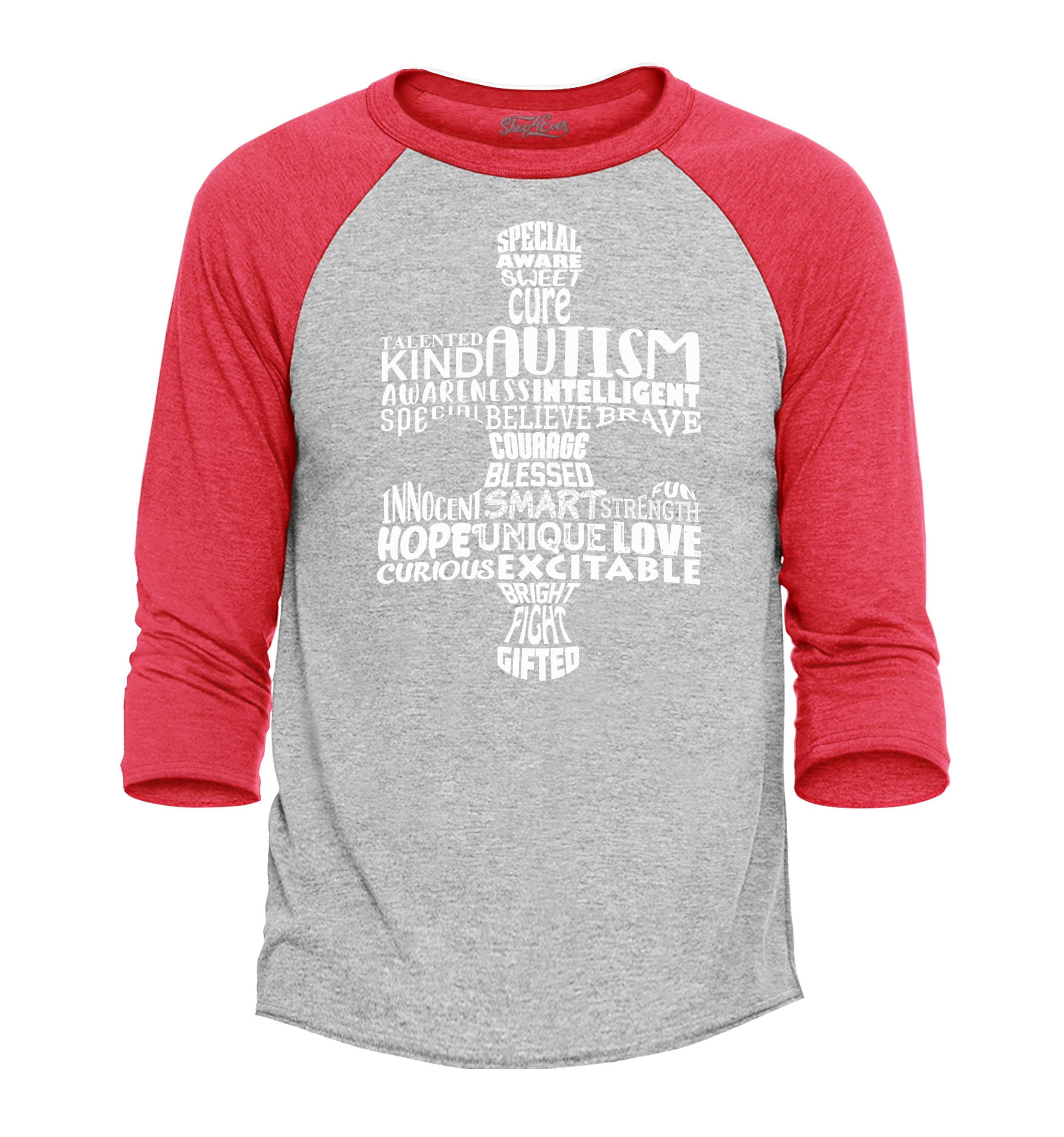Shop4Ever Men's Puzzle Word Cloud Autism Awareness Raglan Baseball Shirt XX-Large Heather Grey/Red
