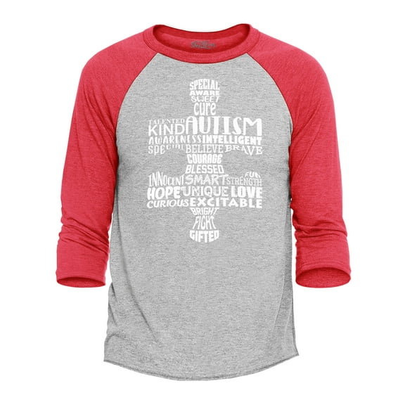 Shop4Ever Men's Puzzle Word Cloud Autism Awareness Raglan Baseball Shirt XX-Large Heather Grey/Red