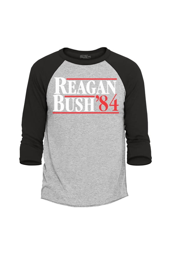Men's Reagan Bush '84 Retro President Campaign Raglan Baseball Shirt Medium Heather Grey/Black