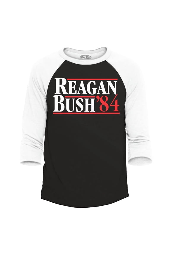 Men's Reagan Bush '84 Retro President Campaign Raglan Baseball Shirt X-Large Black/White