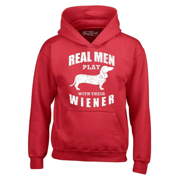 Shop4Ever Men's Real Men Play with Their Weiner Funny Dachshund Dog Hooded Sweatshirt Hoodie Large Red
