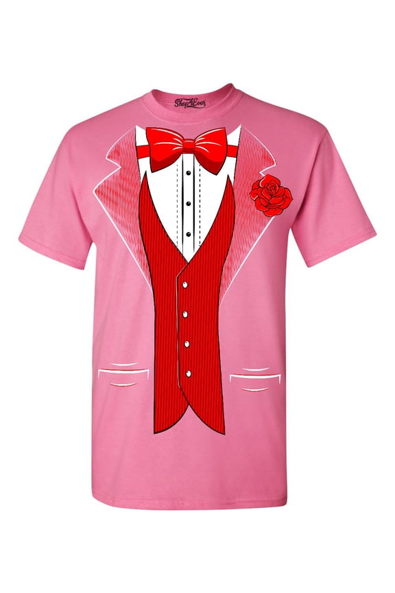 Men's Red Bow Tie Classic Tuxedo with Rose Flower Graphic T-shirt Large Azalea Pink