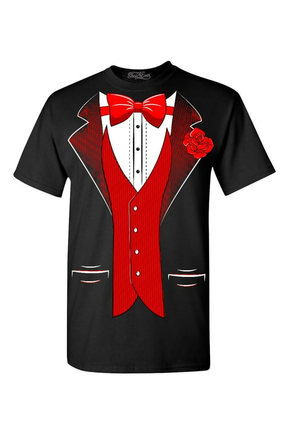 Men's Red Bow Tie Classic Tuxedo with Rose Flower Graphic T-shirt Large Black
