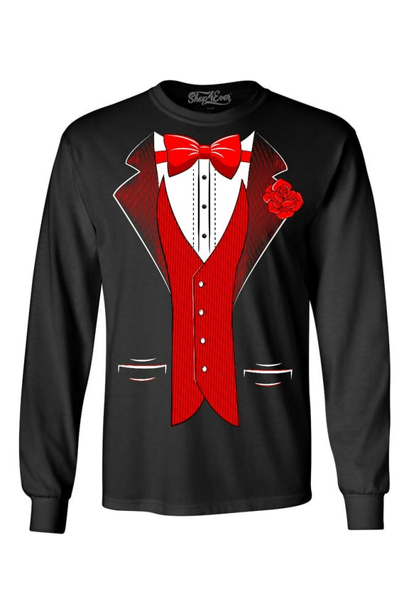 Men's Red Bow Tie Classic Tuxedo with Rose Flower Long Sleeve Shirt 3XL Black