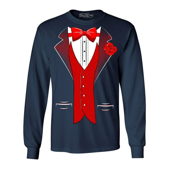 Shop4Ever Men's Red Bow Tie Classic Tuxedo with Rose Flower Long Sleeve Shirt Small Navy
