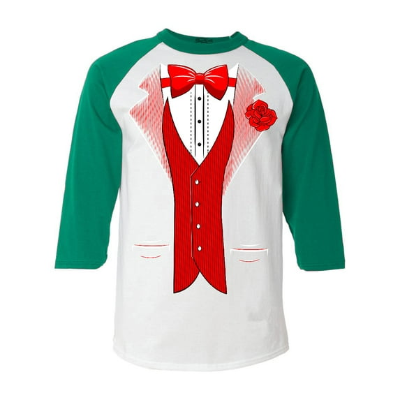 Shop4Ever Men's Red Bow Tie Classic Tuxedo with Rose Flower Raglan Baseball Shirt Large White/Kelly