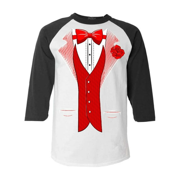 Shop4Ever Men's Red Bow Tie Classic Tuxedo with Rose Flower Raglan Baseball Shirt XX-LargeWhite/Black