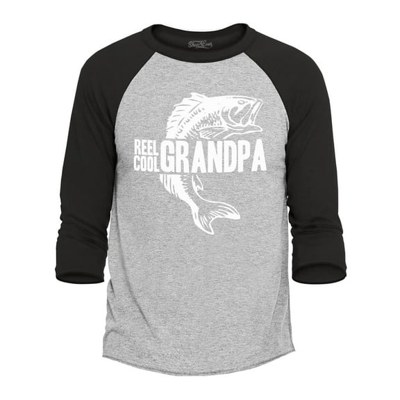 Shop4Ever Men's Reel Cool Grandpa Fishing Bass Raglan Baseball Shirt Small Heather Grey/Black