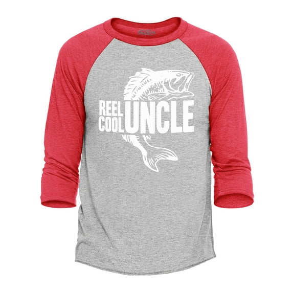 Shop4Ever Men's Reel Cool Uncle Fishing Bass Raglan Baseball Shirt X-Large Heather Grey/Red