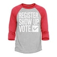 thumbnail image 1 of Shop4Ever Men's Register Show Up Vote Political Raglan Baseball Shirt Large Heather Grey/Red, 1 of 3