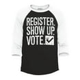 thumbnail image 1 of Shop4Ever Men's Register Show Up Vote Political Raglan Baseball Shirt Small Black/White, 1 of 3