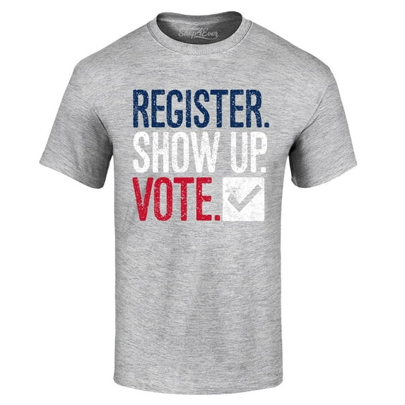 Shop4Ever Men's Register Show Up Vote Political Red White Blue Graphic T-shirt X-Large Sports Grey