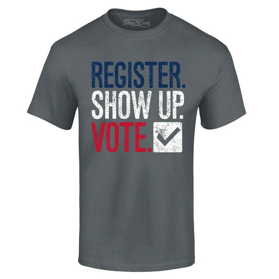 Shop4Ever Men's Register Show Up Vote Political Red White Blue Graphic T-shirt XX-Large Charcoal