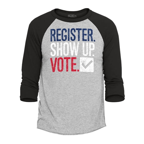 Shop4Ever Men's Register Show Up Vote Political Red White Blue Raglan Baseball Shirt Large Heather Grey/Black