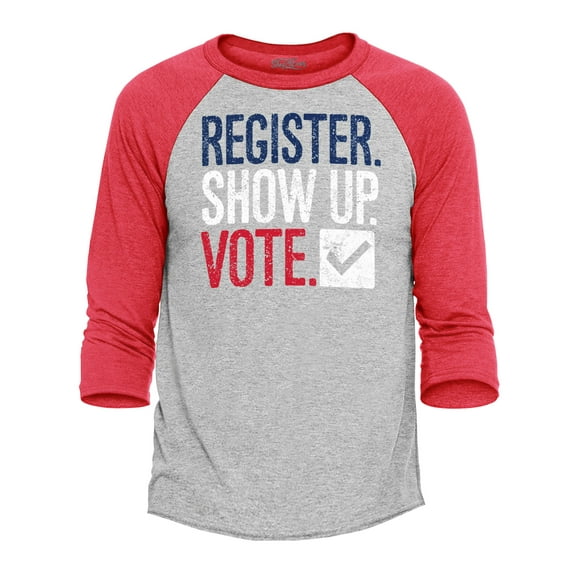 Shop4Ever Men's Register Show Up Vote Political Red White Blue Raglan Baseball Shirt Large Heather Grey/Red