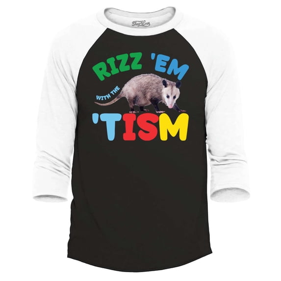 Shop4Ever Men's Rizz 'Em with the 'Tism Austism Neurodiversity Raglan Baseball Shirt XX-Large Black/White