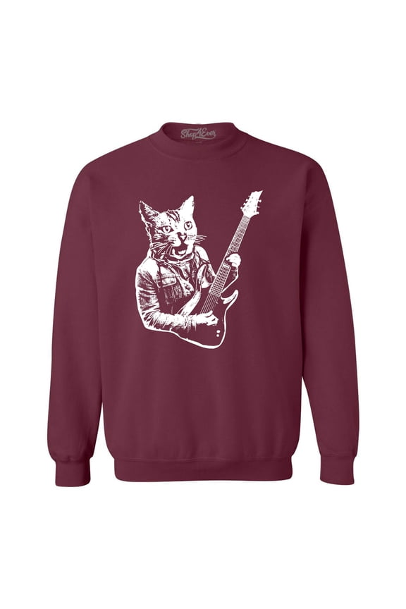 Men's Rocker Kitty Cat Playing Guitar Crewneck Sweatshirt Large Maroon