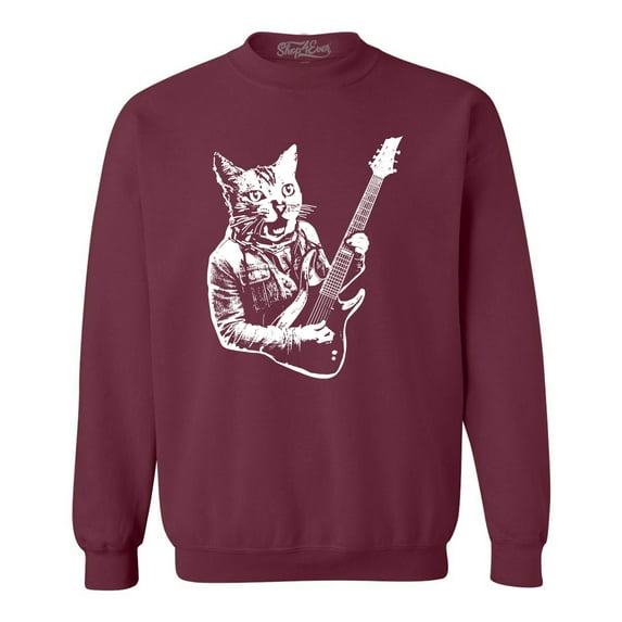 Shop4Ever Men's Rocker Kitty Cat Playing Guitar Crewneck Sweatshirt Medium Maroon