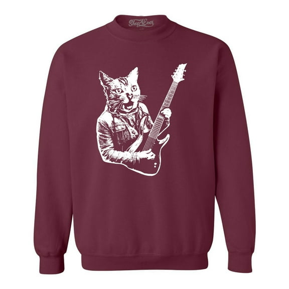 Shop4Ever Men's Rocker Kitty Cat Playing Guitar Crewneck Sweatshirt Small Maroon