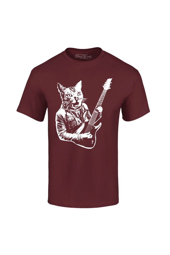 Men's Rocker Kitty Cat Playing Guitar Graphic T-shirt Large Maroon