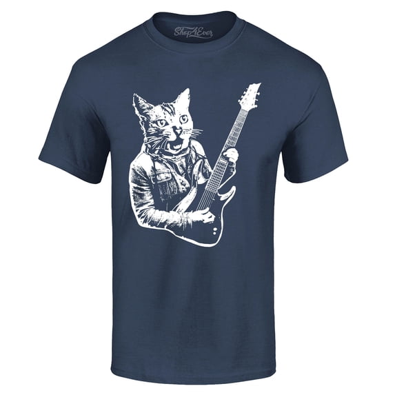 Shop4Ever Men's Rocker Kitty Cat Playing Guitar Graphic T-shirt Large Navy