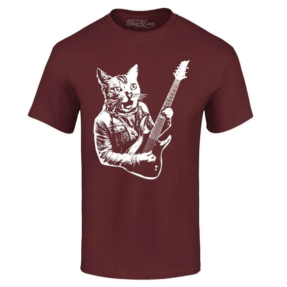 Shop4Ever Men's Rocker Kitty Cat Playing Guitar Graphic T-shirt Medium Maroon