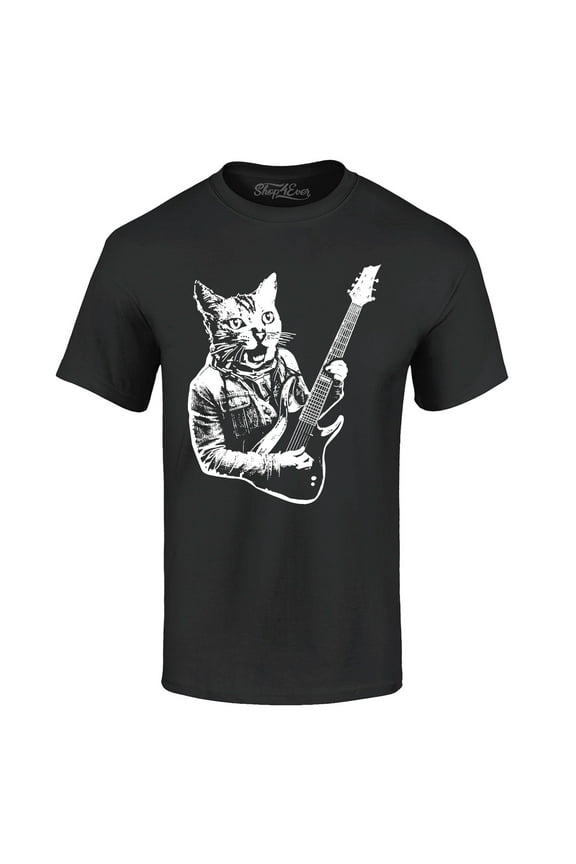 Men's Rocker Kitty Cat Playing Guitar Graphic T-shirt X-Large Black