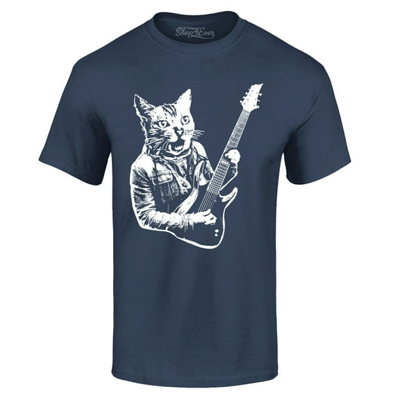 Shop4Ever Men's Rocker Kitty Cat Playing Guitar Graphic T-shirt XXXX-Large Navy