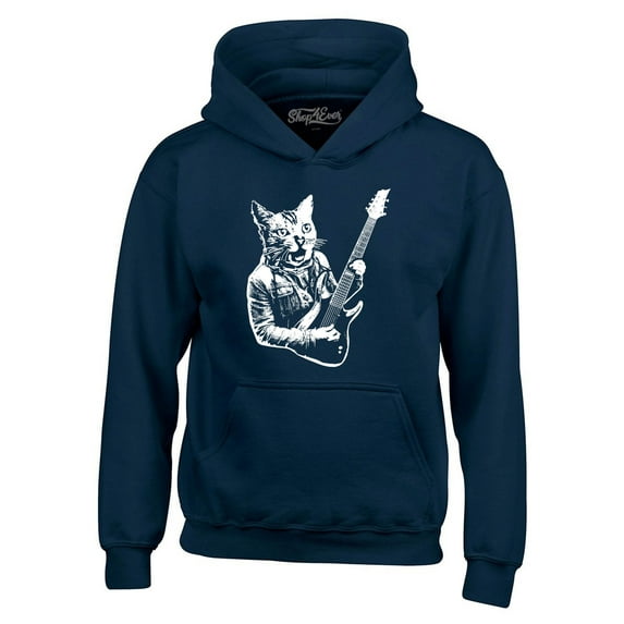 Shop4Ever Men's Rocker Kitty Cat Playing Guitar Hooded Sweatshirt Hoodie Large Navy