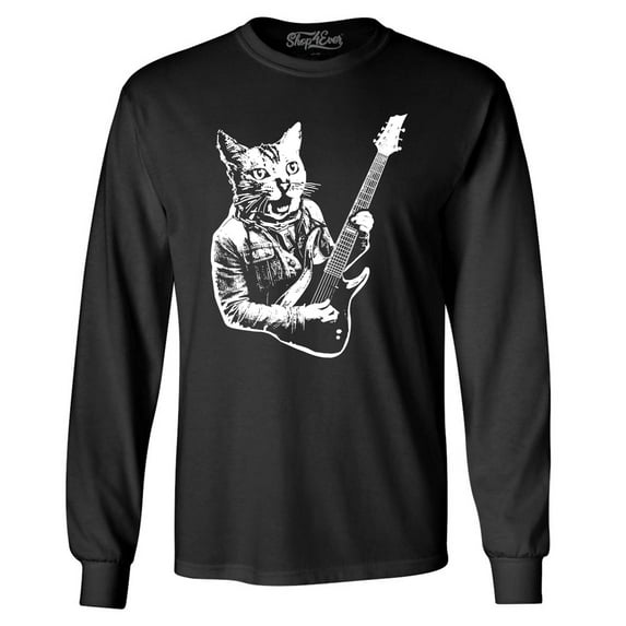 Shop4Ever Men's Rocker Kitty Cat Playing Guitar Long Sleeve Shirt 2XL Black