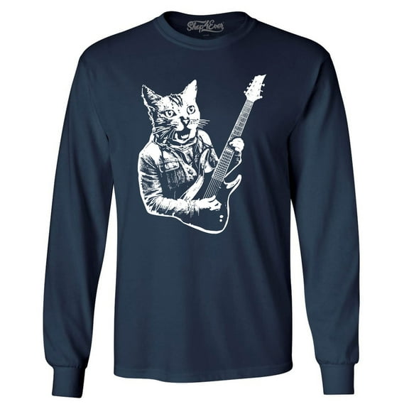 Shop4Ever Men's Rocker Kitty Cat Playing Guitar Long Sleeve Shirt Medium Navy
