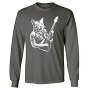 Shop4Ever Men's Rocker Kitty Cat Playing Guitar Long Sleeve Shirt XXX-Large Charcoal