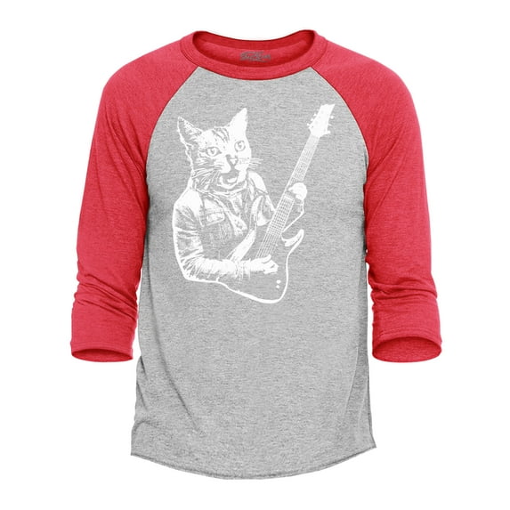 Shop4Ever Men's Rocker Kitty Cat Playing Guitar Raglan Baseball Shirt Large Heather Grey/Red