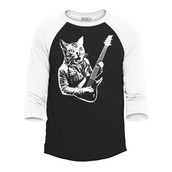 Shop4Ever Men's Rocker Kitty Cat Playing Guitar Raglan Baseball Shirt X-Large Black/White