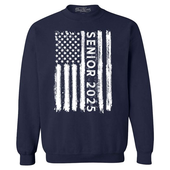 Shop4Ever Men's Senior 2025 American Flag Graduation Crewneck Sweatshirt Medium Navy