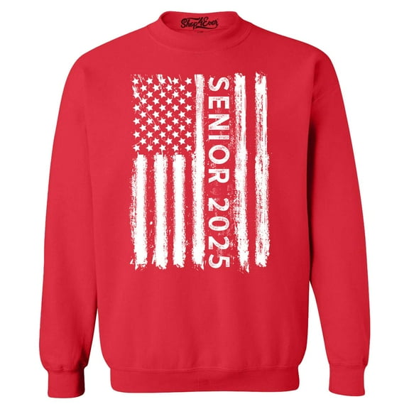 Shop4Ever Men's Senior 2025 American Flag Graduation Crewneck Sweatshirt Small Red