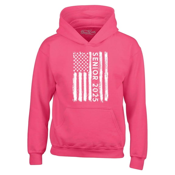 Shop4Ever Men's Senior 2025 American Flag Graduation Hooded Sweatshirt Hoodie Medium Heliconia Pink