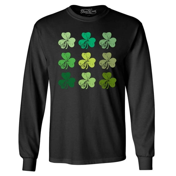 Shop4Ever Men's Shamrock Green Clovers St. Patrick's Day Long Sleeve Shirt Large Black